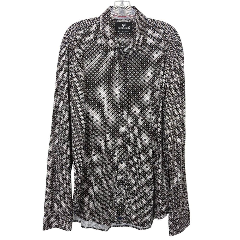 Buttercloth Men XL Button-Up Black Gold‎ Shirt Geometric Chess Print Long Sleeve